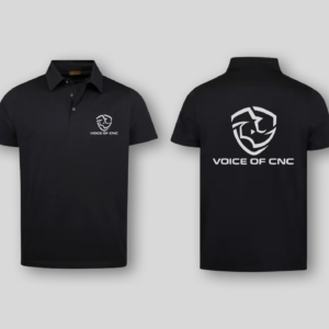Zwei Polo Tshirts mit bedrucktem Logo von Voice of CNC. Zu sehen von vorne und hinten.